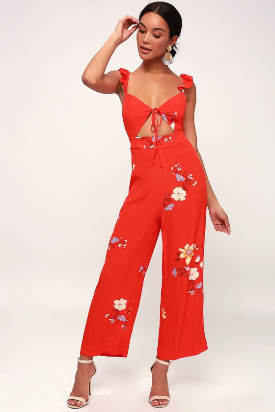 Girls Red Floral Printed Jumpsuit – Stylish Summer One-Piece Outfit main image 1
