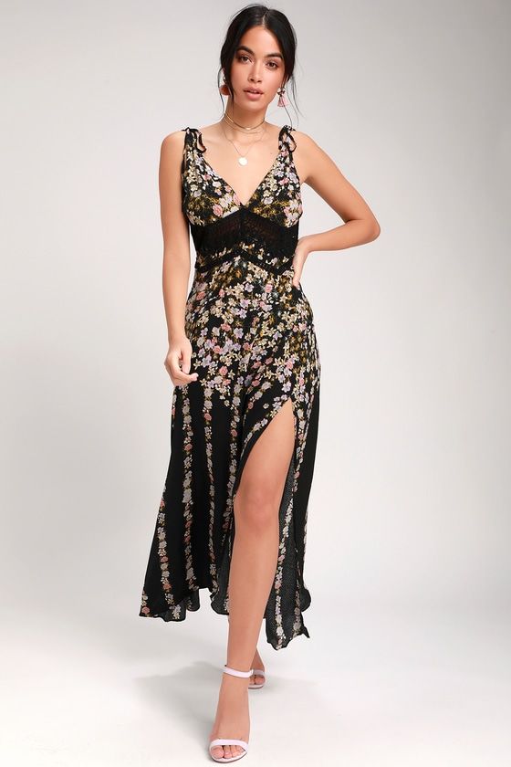 CLAIRE BLACK FLORAL PRINT TIE-STRAP MAXI DRESS | Petite Looloo