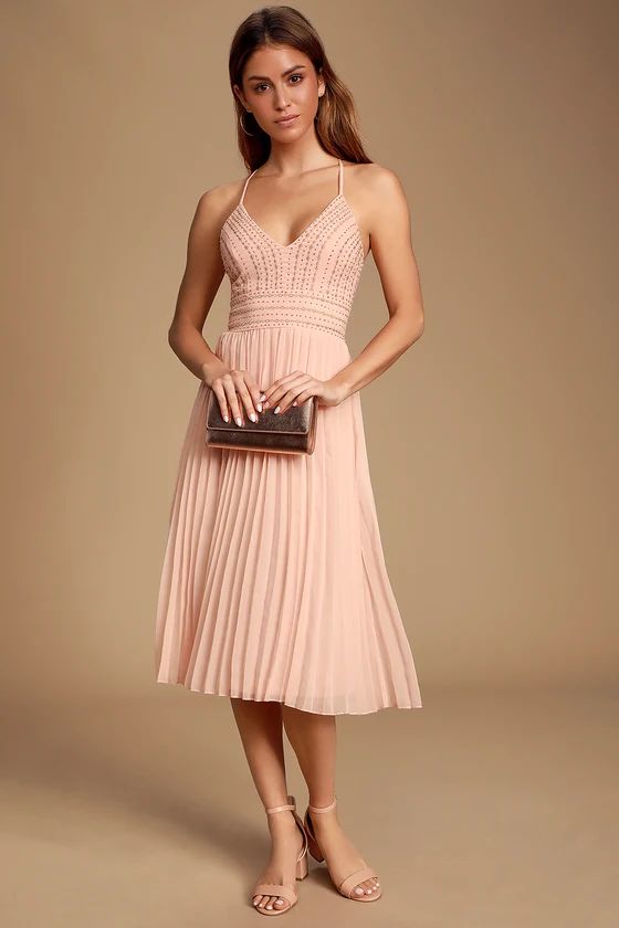 Letitia | Pale Pink Scoop-Neck Embellished Wrap Midi Dress main image 1