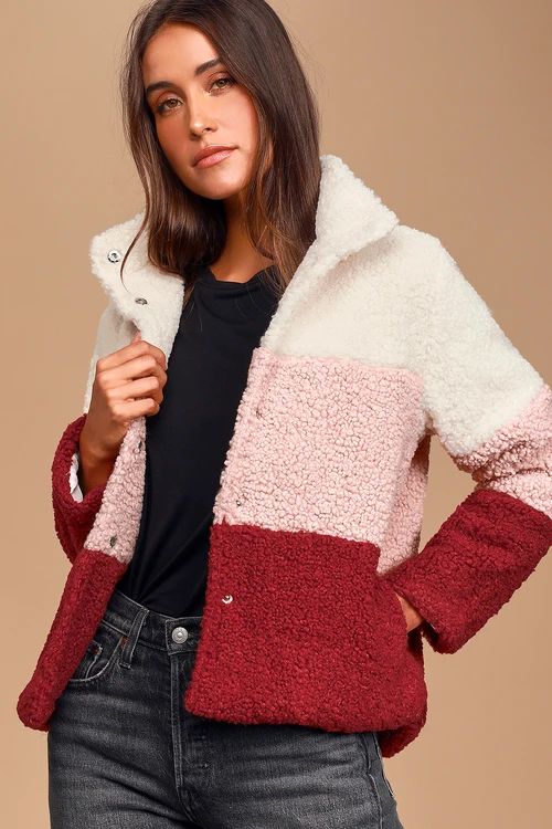 Warmest Wishes Pink Multi Color Block Sherpa Jacket Petite Looloo